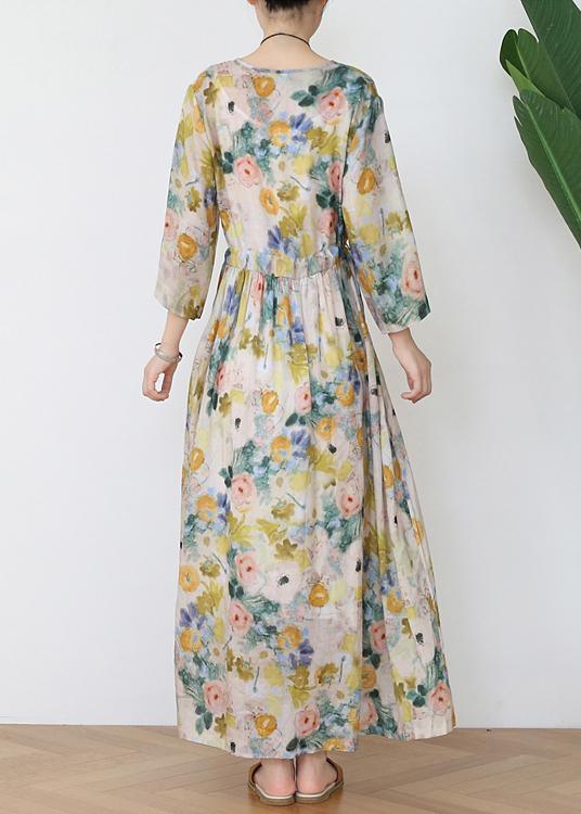 Casual Print V Necktie Waist Summer Linen Dress - Omychic