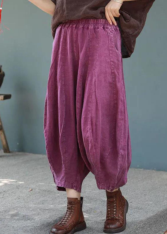 Casual Purple Elastic Waist Pockets Patchwork Cotton Lantern Pants Summer
