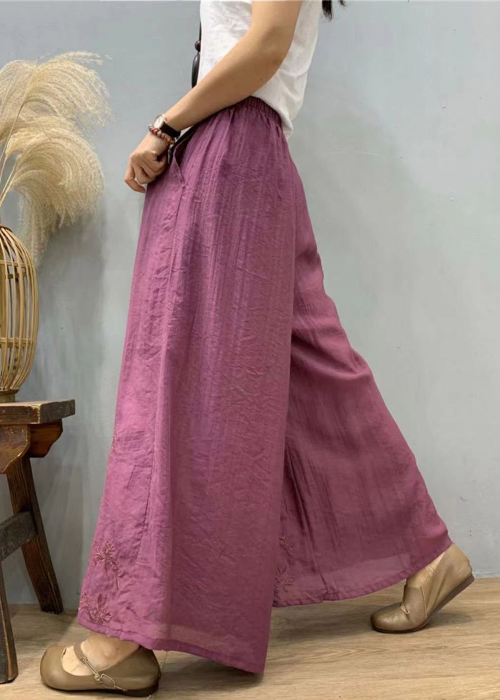 Casual Purple Embroidered Elastic Waist Linen Silk Wide Leg Pants Summer