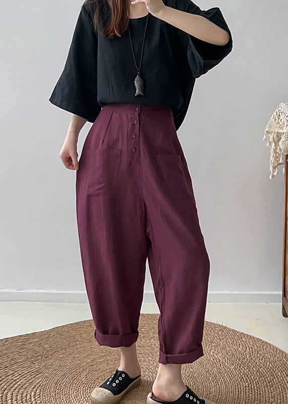 Casual Purple High Waist Button Down Cotton Pants Trousers Fall