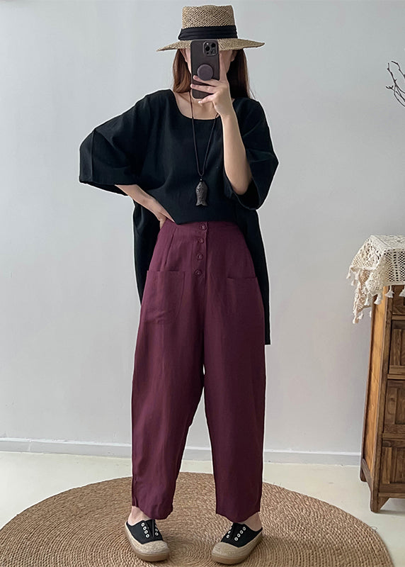 Casual Purple High Waist Button Down Cotton Pants Trousers Fall