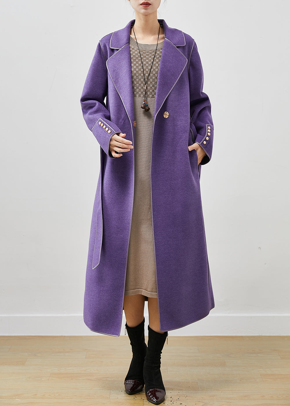 Casual Purple Peter Pan Collar Tie Waist Woolen Coats Fall