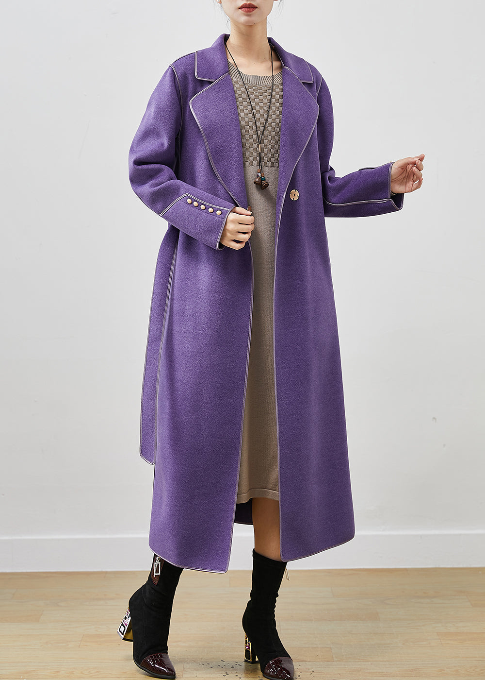 Casual Purple Peter Pan Collar Tie Waist Woolen Coats Fall