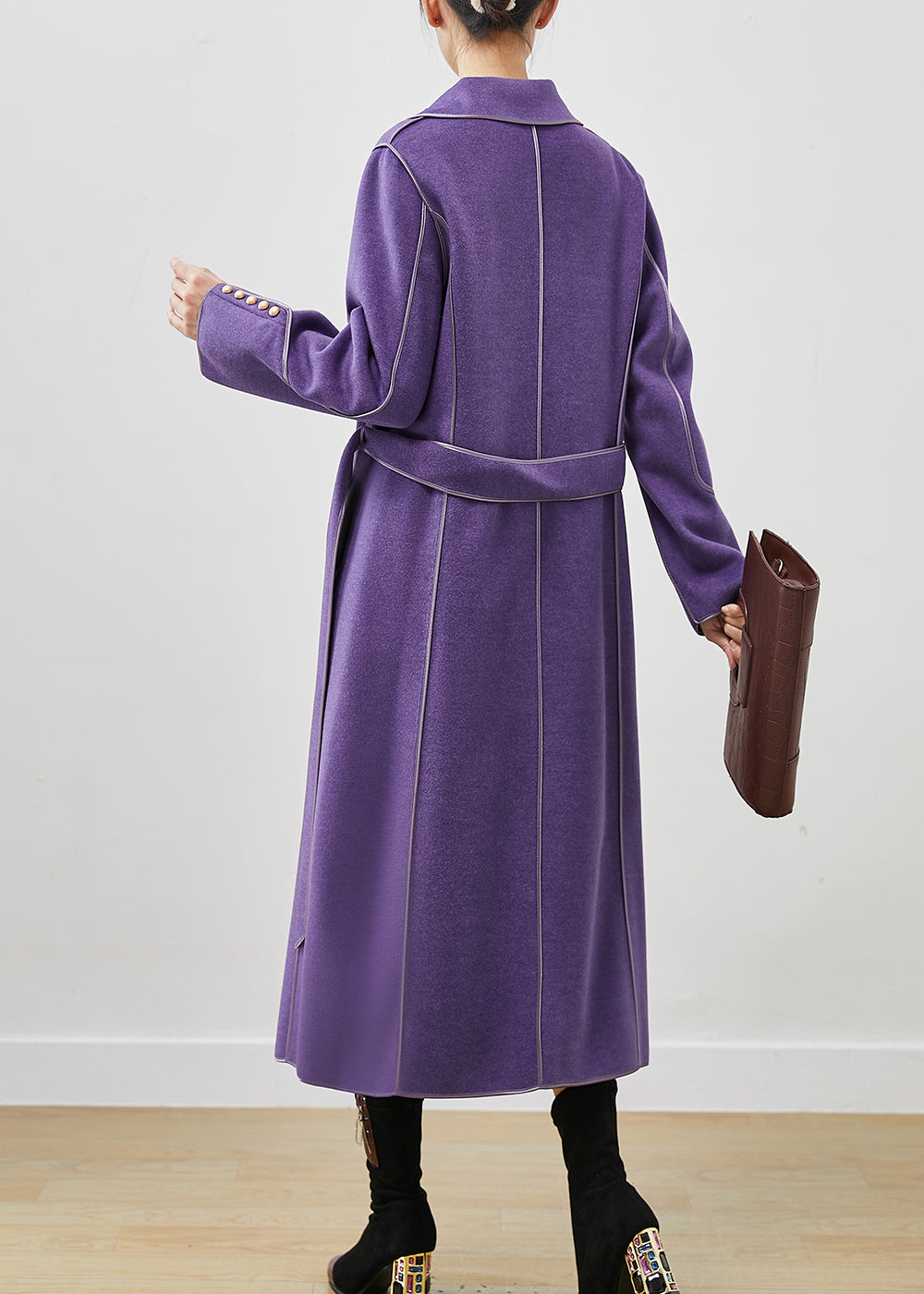 Casual Purple Peter Pan Collar Tie Waist Woolen Coats Fall