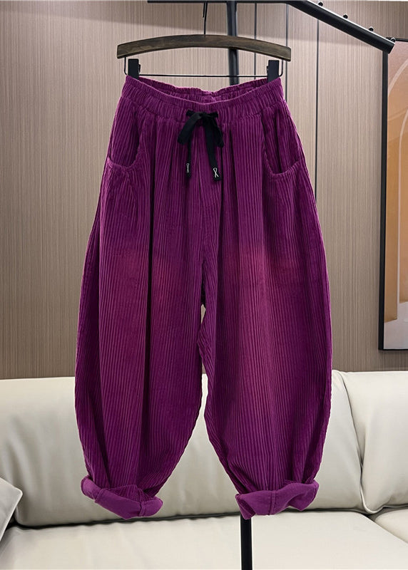 Casual Purple Pockets Elastic Waist Patchwork Corduroy Pants Fall