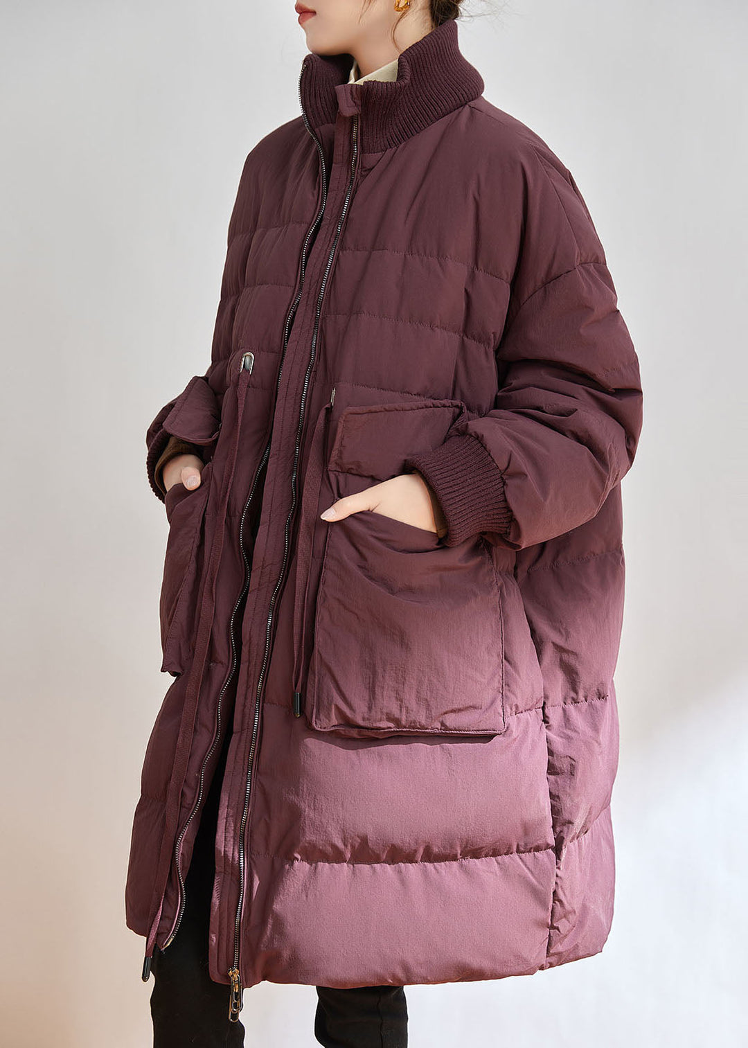 Casual Purple Stand Collar Zippered Duck Down Down Coat Winter