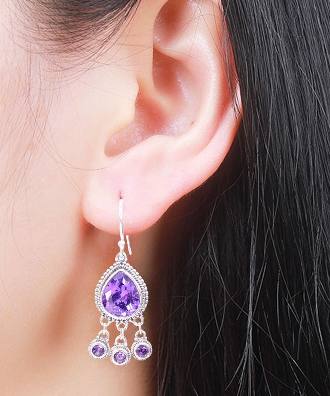 Casual Purple Sterling Silver Crystal Water Drops Drop Earrings