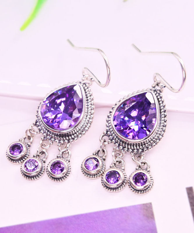 Casual Purple Sterling Silver Crystal Water Drops Drop Earrings