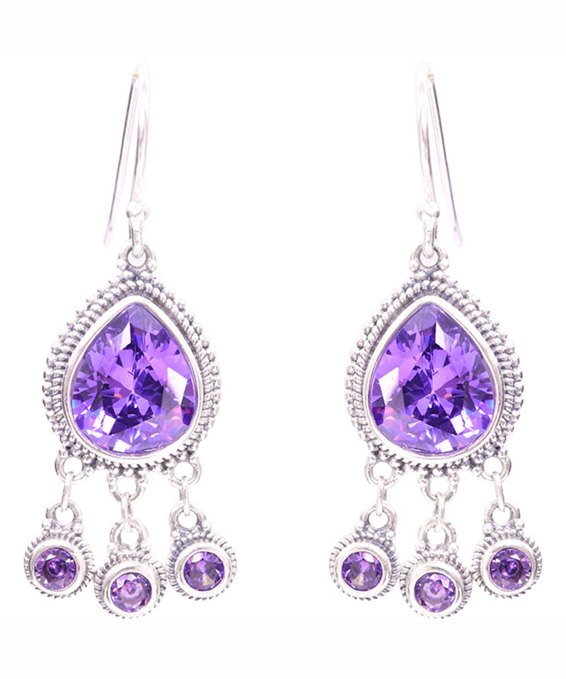 Casual Purple Sterling Silver Crystal Water Drops Drop Earrings