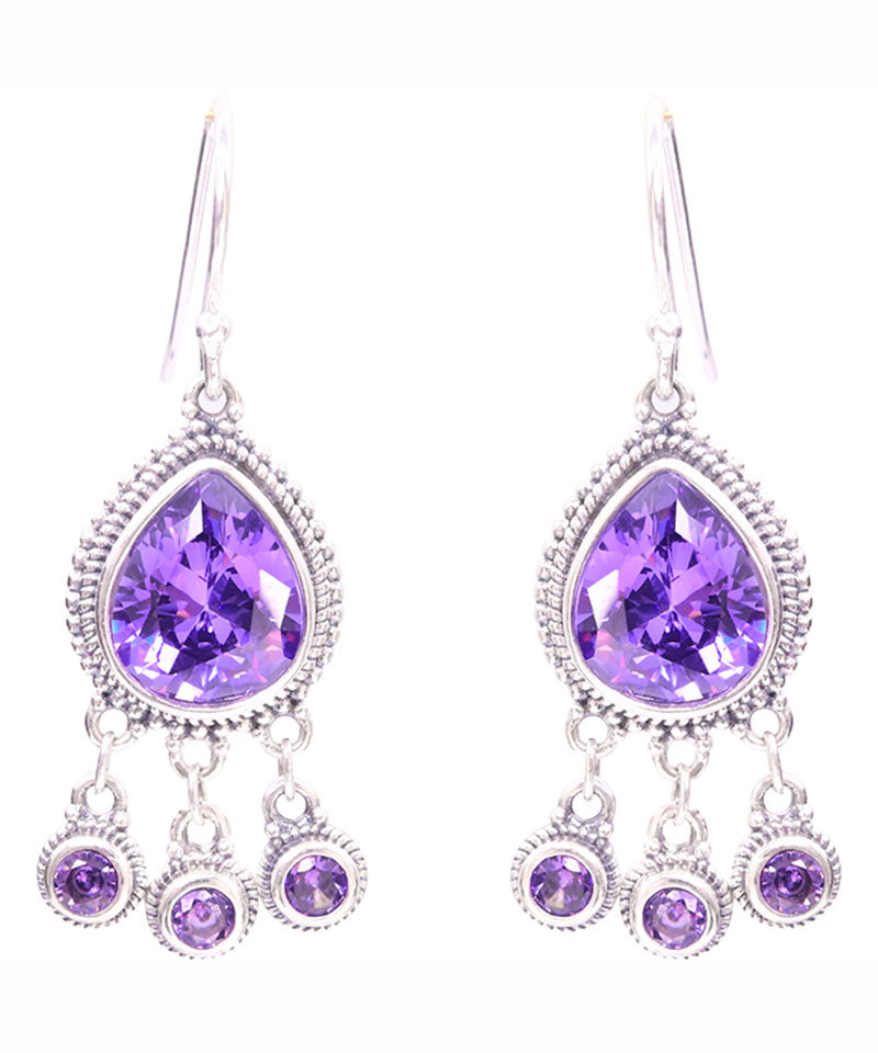 Casual Purple Sterling Silver Crystal Water Drops Drop Earrings