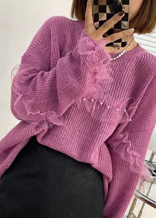 Casual Purple Tulle Patchwork Nail bead Fall Knit sweaters - Omychic