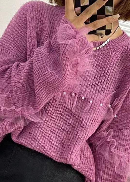 Casual Purple Tulle Patchwork Nail bead Fall Knit sweaters - Omychic