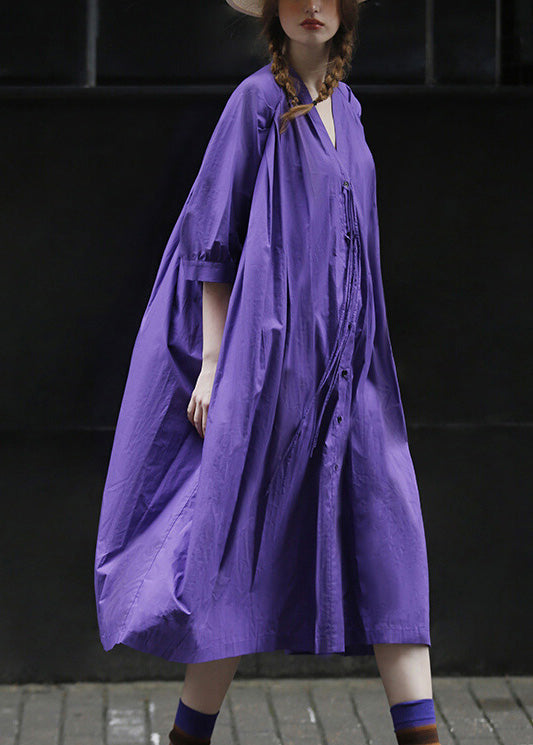 Casual Purple V Neck Button Solid Cotton Long Dress Half Sleeve