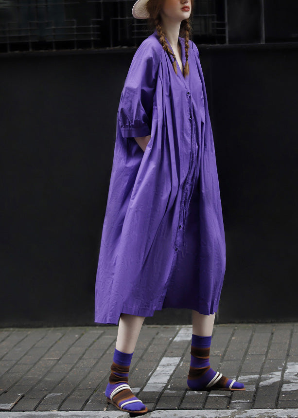 Casual Purple V Neck Button Solid Cotton Long Dress Half Sleeve