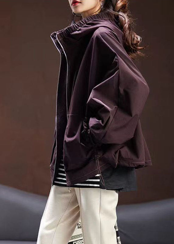 Casual Purple Zippered Patchwork Drawstring Hooded Coat Fall