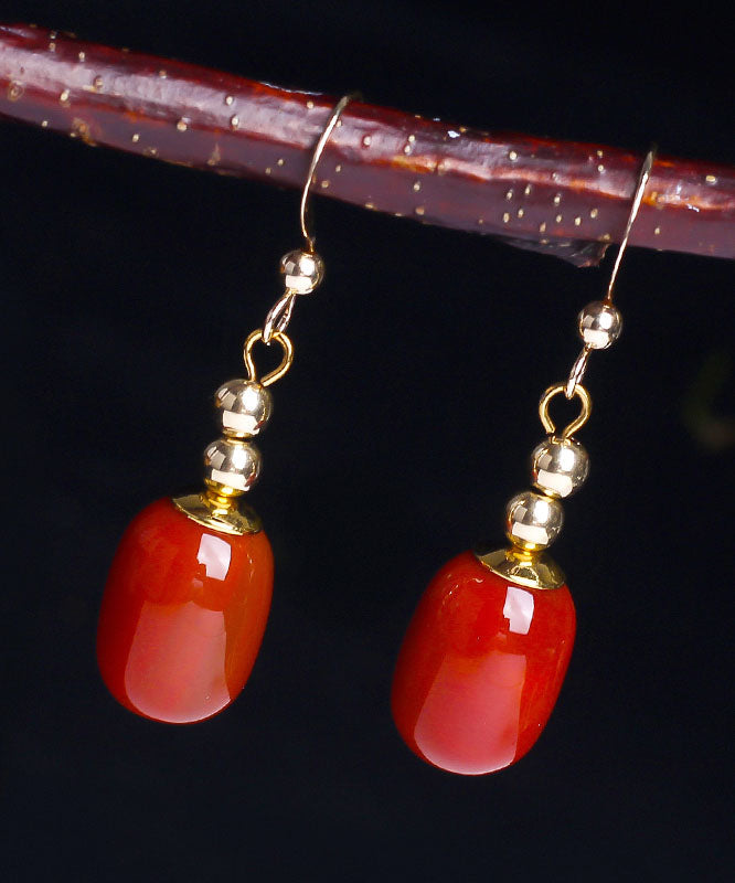 Casual Red 14K Gold Agate Bucket Beads Drop Earrings