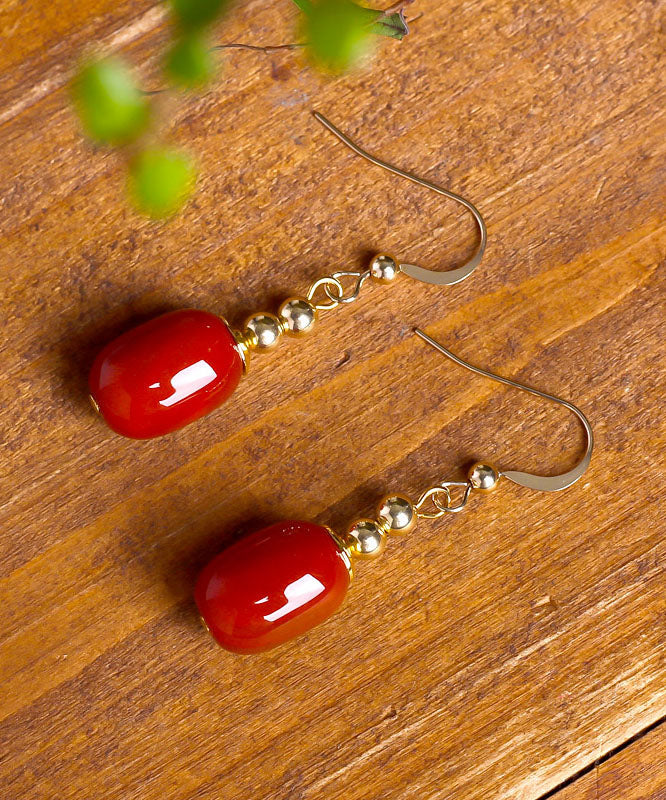 Casual Red 14K Gold Agate Bucket Beads Drop Earrings