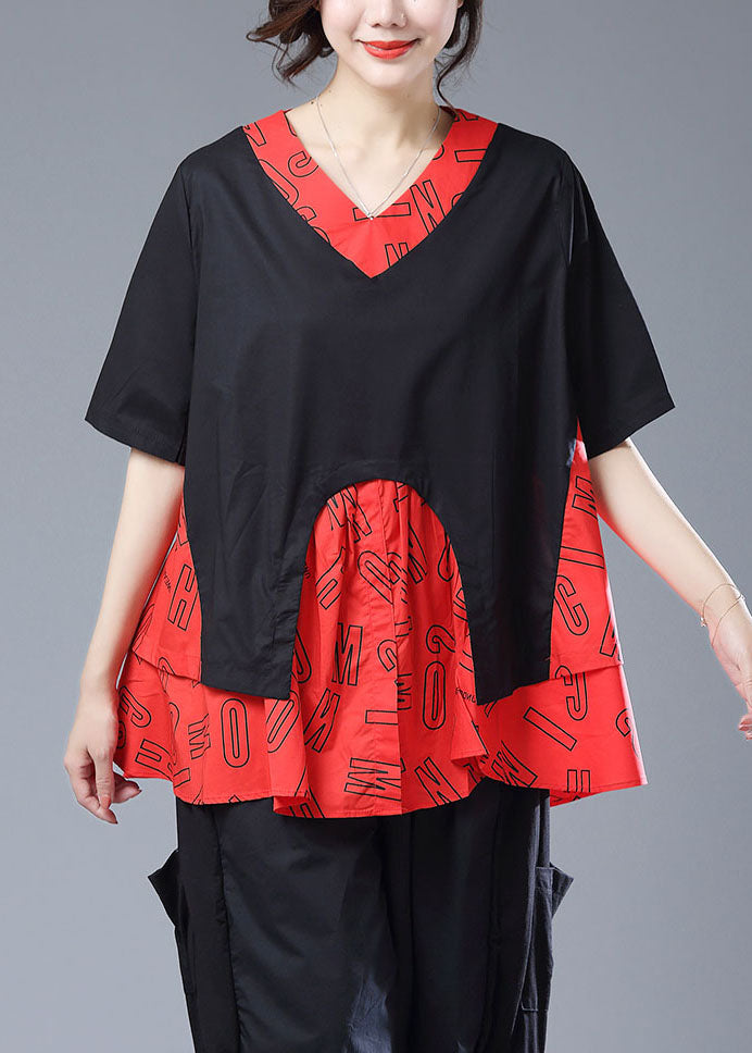 Casual Red Asymmetrical Print Patchwork Cotton T Shirt Top Summer