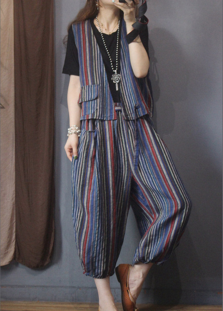 Casual Red Blue Striped Linen Waistcoat And Beam Pants Two Piece Set Outfits Summer