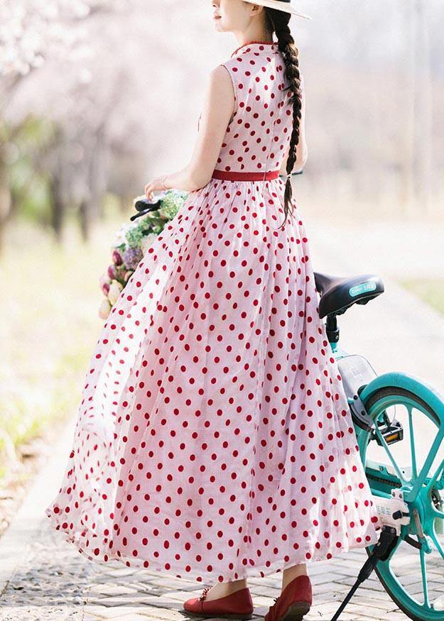 Casual Red Dot Stand Sleeveless Long Summer Chiffon Dress - Omychic