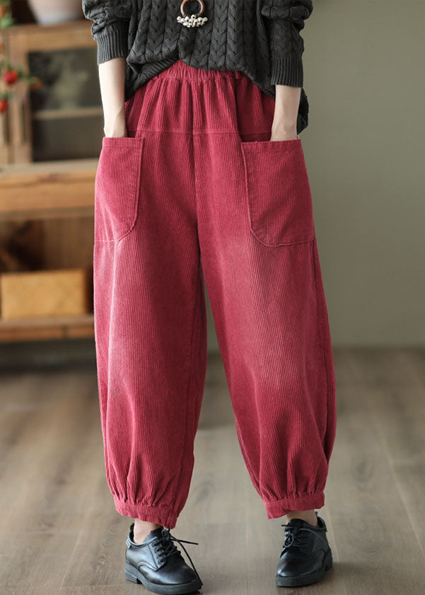 Casual Red Elastic Waist Pockets Warm Fleece Corduroy Harem Pants Winter