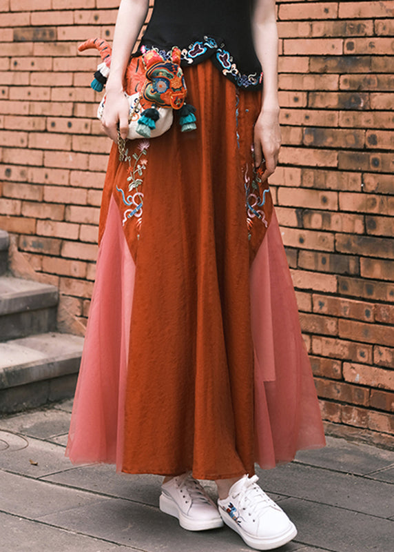 Casual Red Embroideried Floral Tulle A Line Skirt Summer