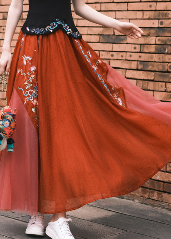 Casual Red Embroideried Floral Tulle A Line Skirt Summer