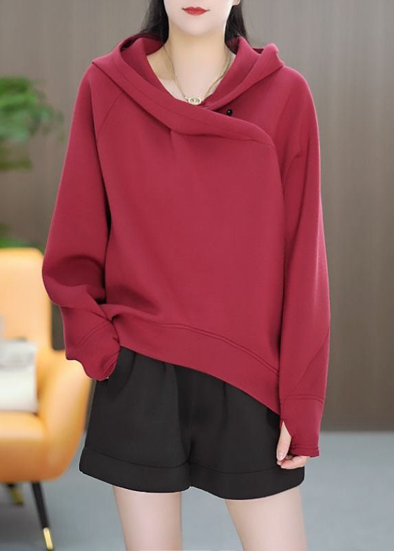Casual Red Hooded Asymmetrical Solid Cotton Pullover Sweatshirt Winter