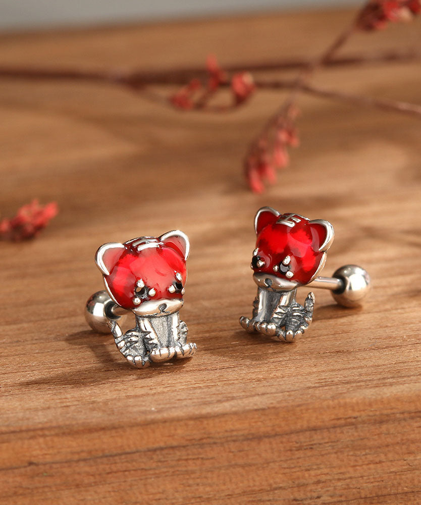 Casual Red Little Tiger Shape Silver Stud Earrings