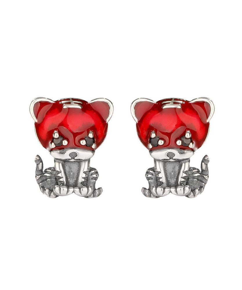 Casual Red Little Tiger Shape Silver Stud Earrings