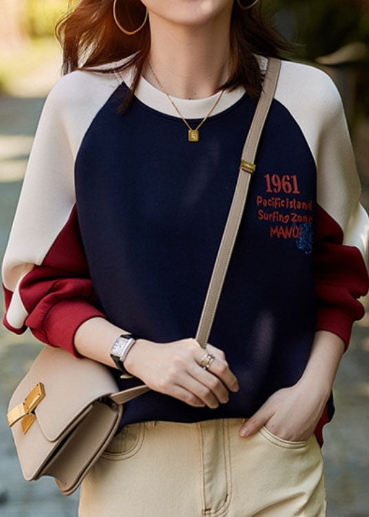 Casual Red O Neck Patchwork Letter Print Cotton Pullover Sweatshirt Spring