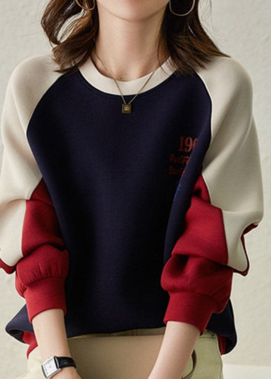 Casual Red O Neck Patchwork Letter Print Cotton Pullover Sweatshirt Spring
