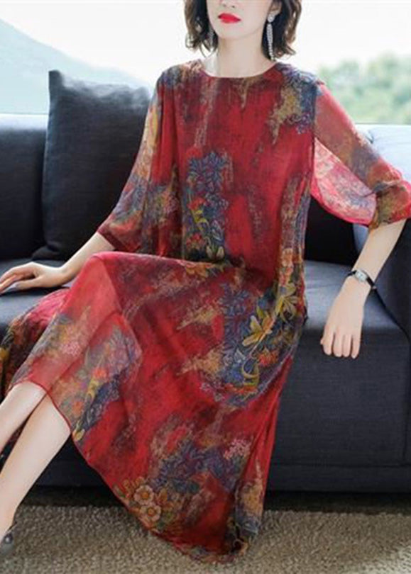 Casual Red O-Neck Print Silk Maxi Dresses Half Sleeve