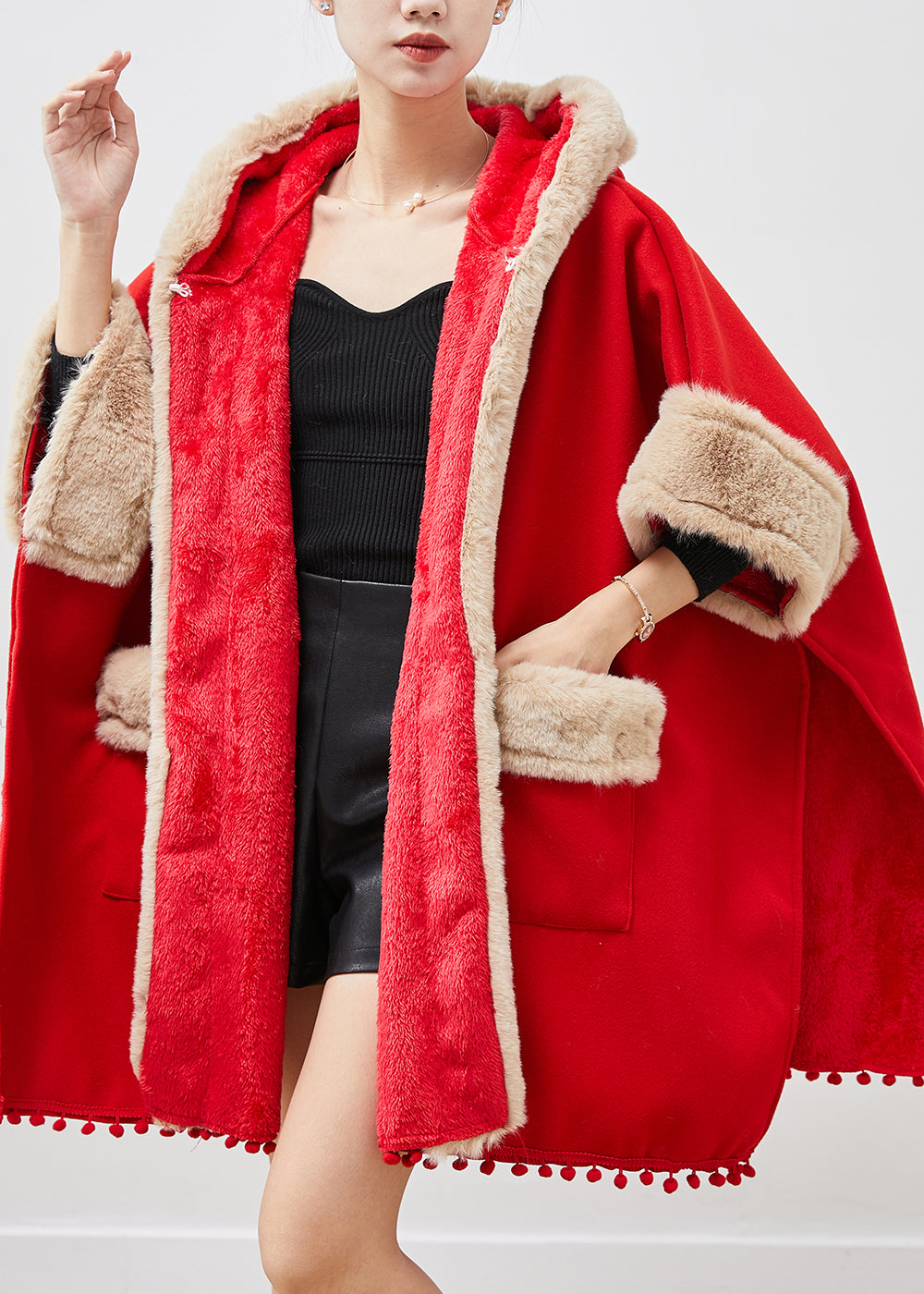 Casual Red Oversized Patchwork Fuzzy Ball Decorated Woolen Coats Winter