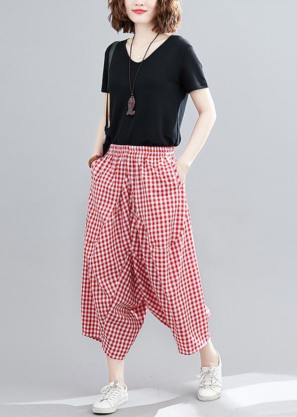 Casual Red Plaid Large Women's Elastic Waist Pants - Omychic