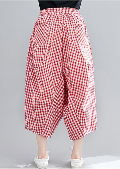 Casual Red Plaid Large Women's Elastic Waist Pants - Omychic