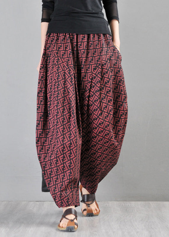 Casual Red Pockets Cotton Wide Leg Pants Summer
