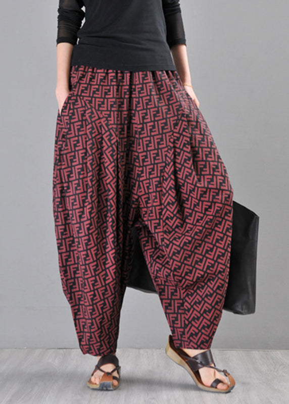 Casual Red Pockets Cotton Wide Leg Pants Summer