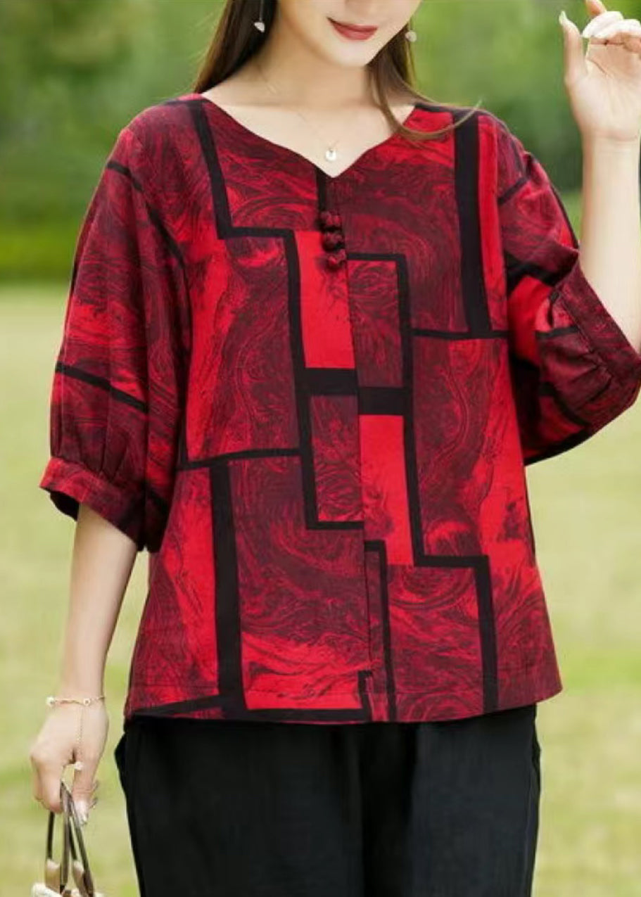 Casual Red Print Patchwork Top Summer