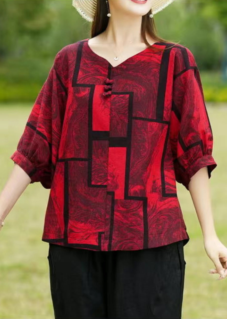 Casual Red Print Patchwork Top Summer