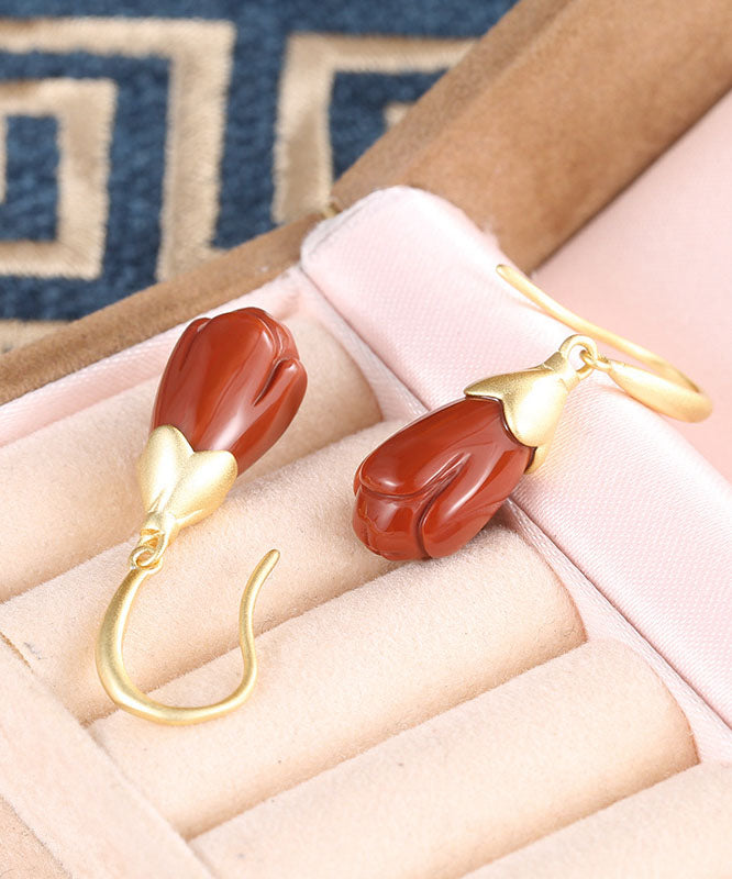 Casual Red Sterling Silver Overgild Inlaid Agate Orchid Drop Earrings