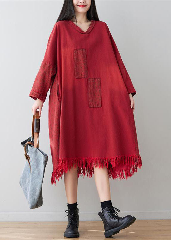 Casual Red V Neck Tassel Cotton Loose Dress Spring