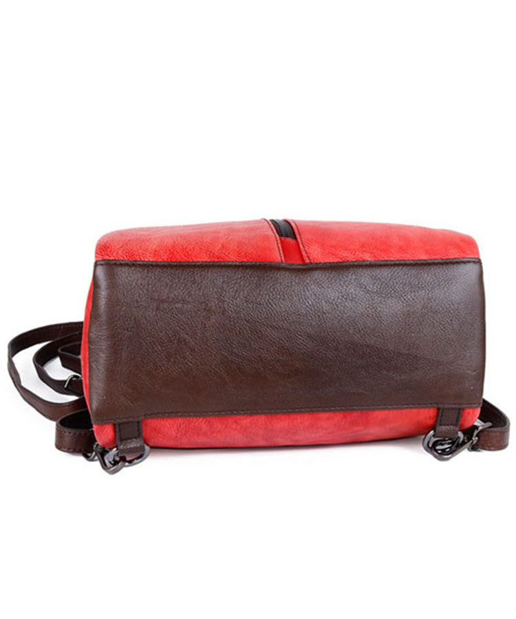 Casual Red zippered Paitings Calf Leather Backpack Bag