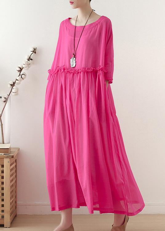 Casual Rose O-Neck Ruffled Long Dress Summer Chiffon Dress - Omychic