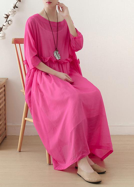 Casual Rose O-Neck Ruffled Long Dress Summer Chiffon Dress - Omychic