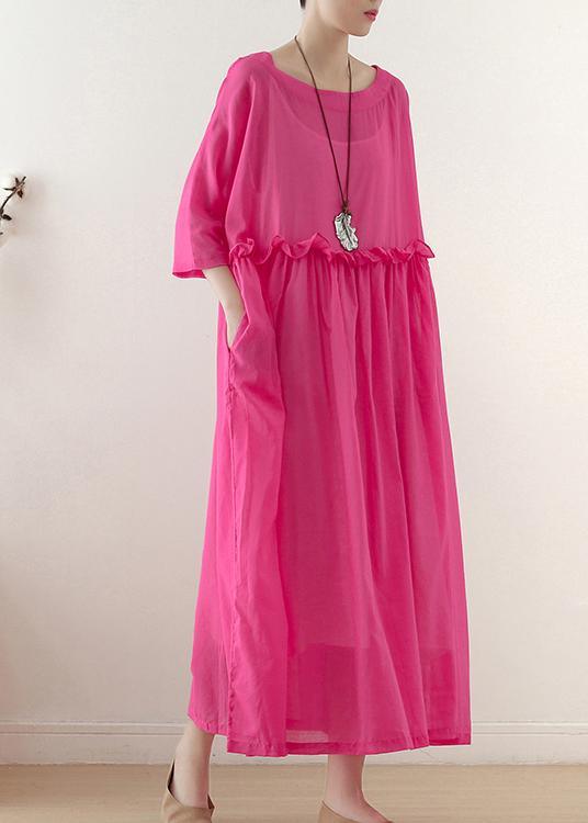 Casual Rose O-Neck Ruffled Long Dress Summer Chiffon Dress - Omychic