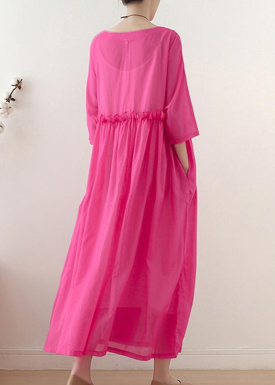 Casual Rose O-Neck Ruffled Long Dress Summer Chiffon Dress - Omychic