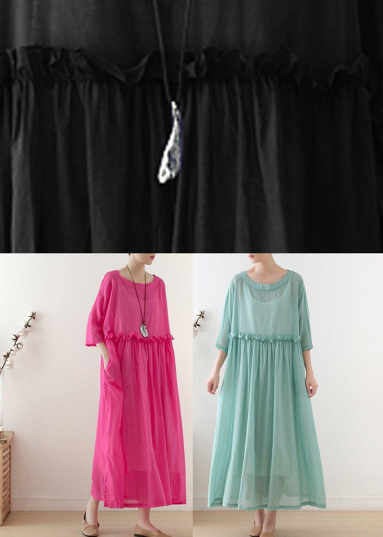 Casual Rose O-Neck Ruffled Long Dress Summer Chiffon Dress - Omychic