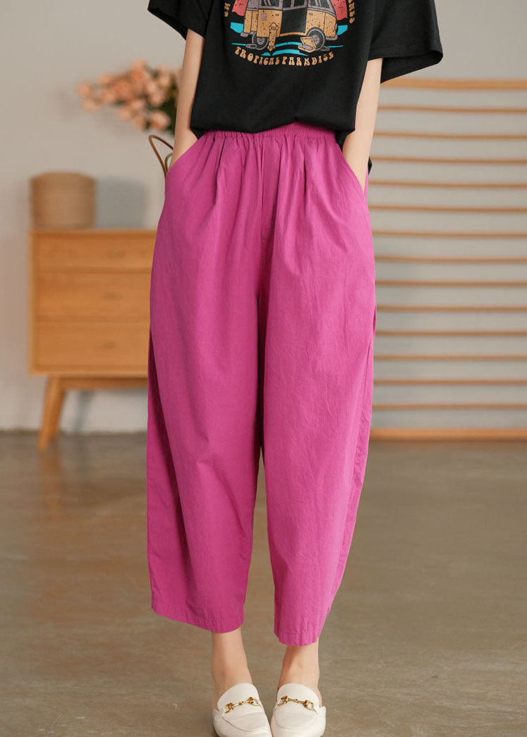 Casual Rose Pockets Elastic Waist Patchwork Linen Crop Pants Summer