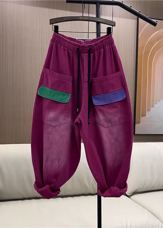 Casual Rose Purple Pockets Elastic Waist Denim Harem Pants Fall
